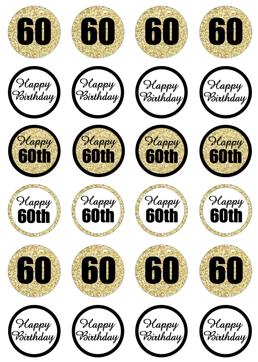 60th Birthday Black & Gold Cupcake Edible Icing Image Toppers