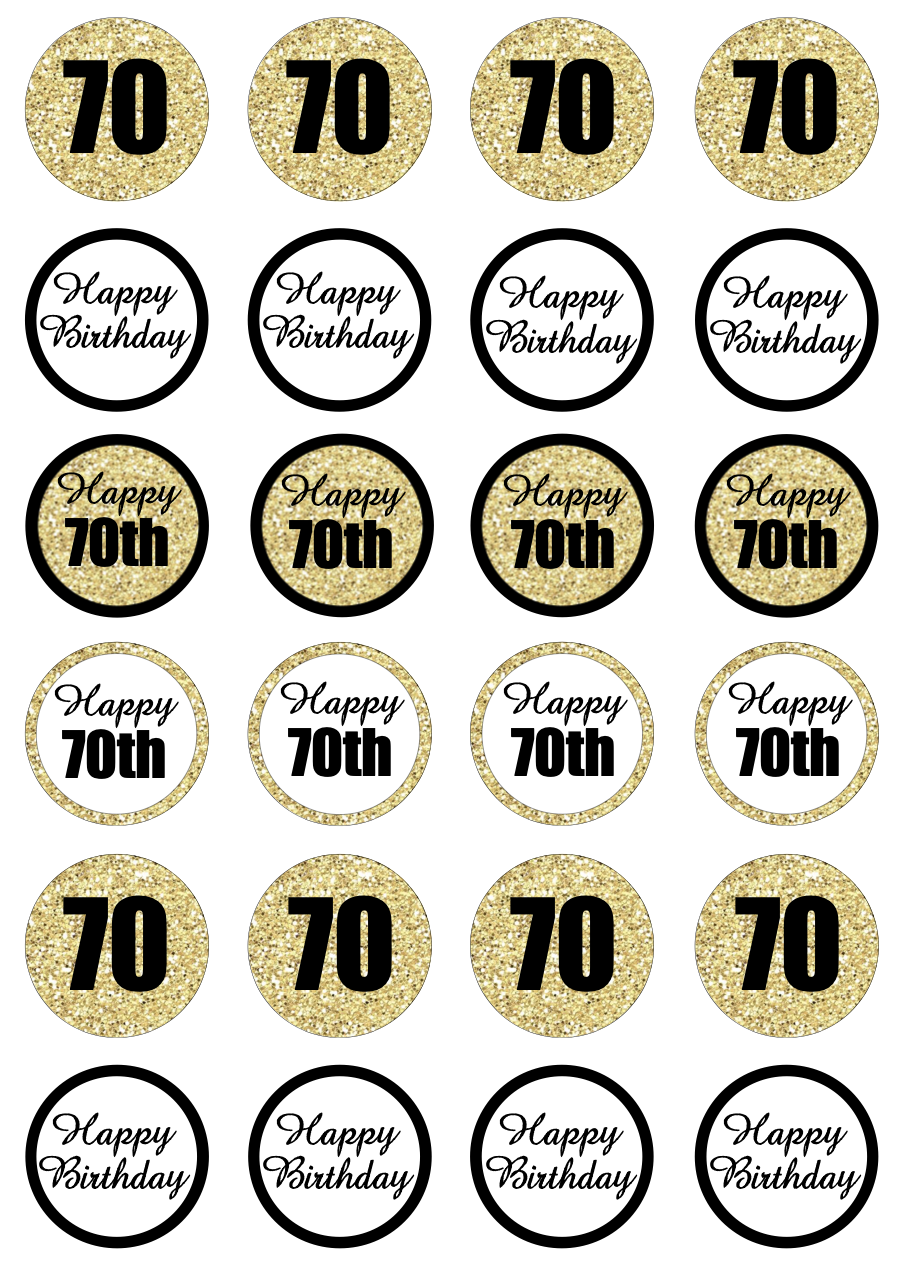70th Birthday Black & Gold Cupcake Edible Icing Image Toppers