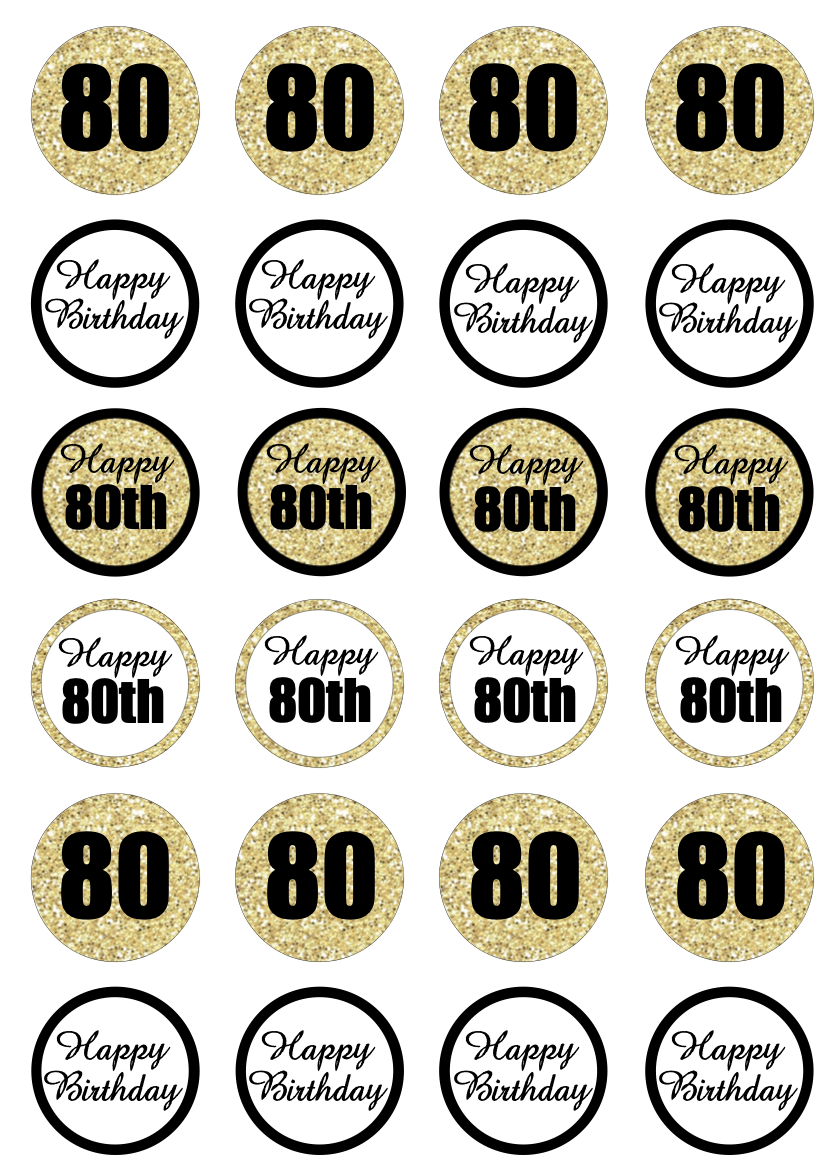 80th Birthday Black & Gold Cupcake Edible Icing Image Toppers