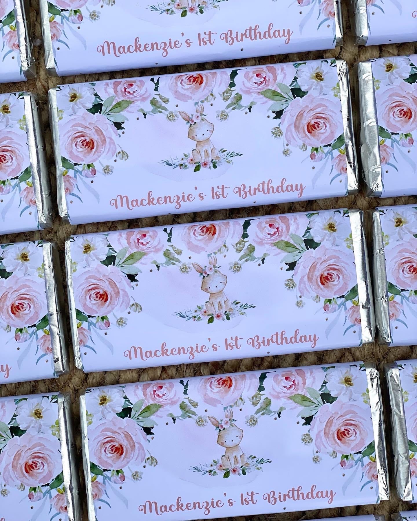 Floral Bunny Rabbit Personalised Chocolate Bar Party Favour x 4