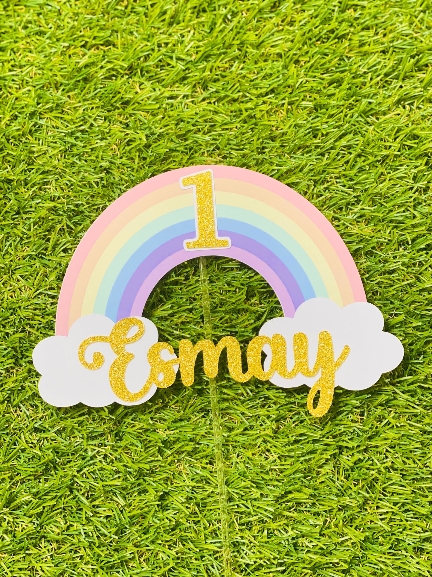 Pastel Rainbow Personalised Glitter Cake Topper