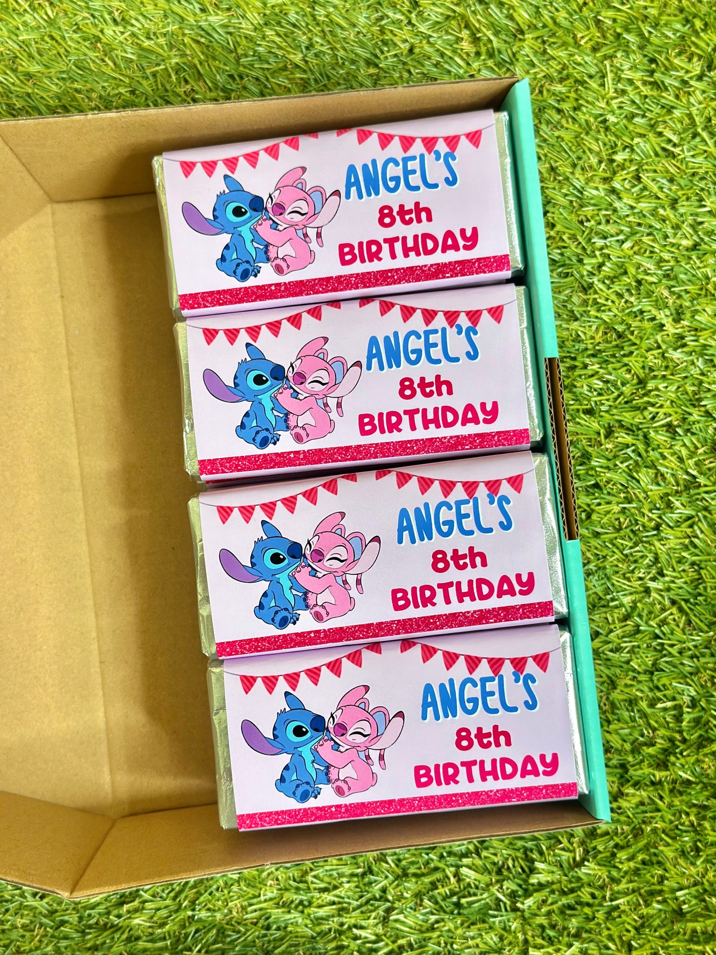 Stitch and Angel Personalised Chocolate Bar Party Favour x 4