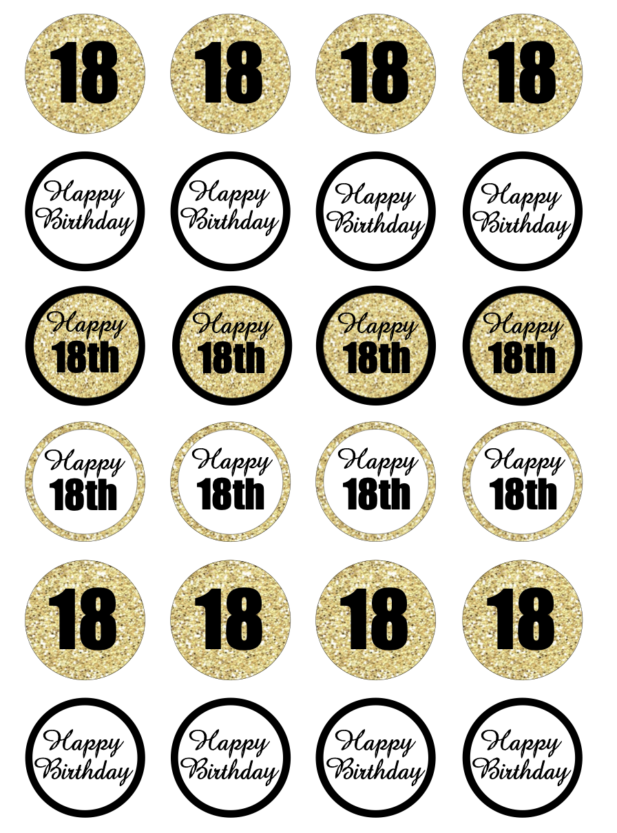 18th Birthday Black & Gold Cupcake Edible Icing Image Toppers
