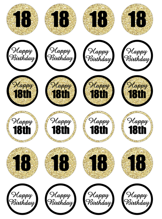 18th Birthday Black & Gold Cupcake Edible Icing Image Toppers
