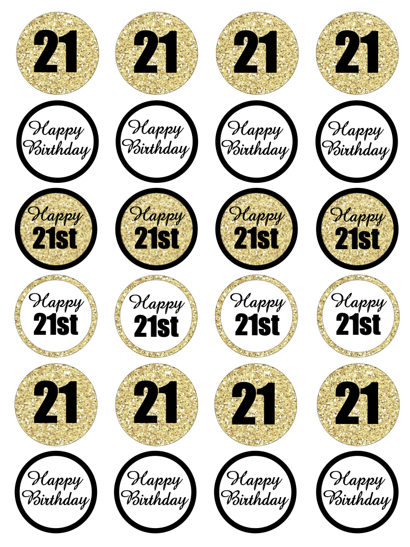 21st Birthday Black & Gold Cupcake Edible Icing Image Toppers