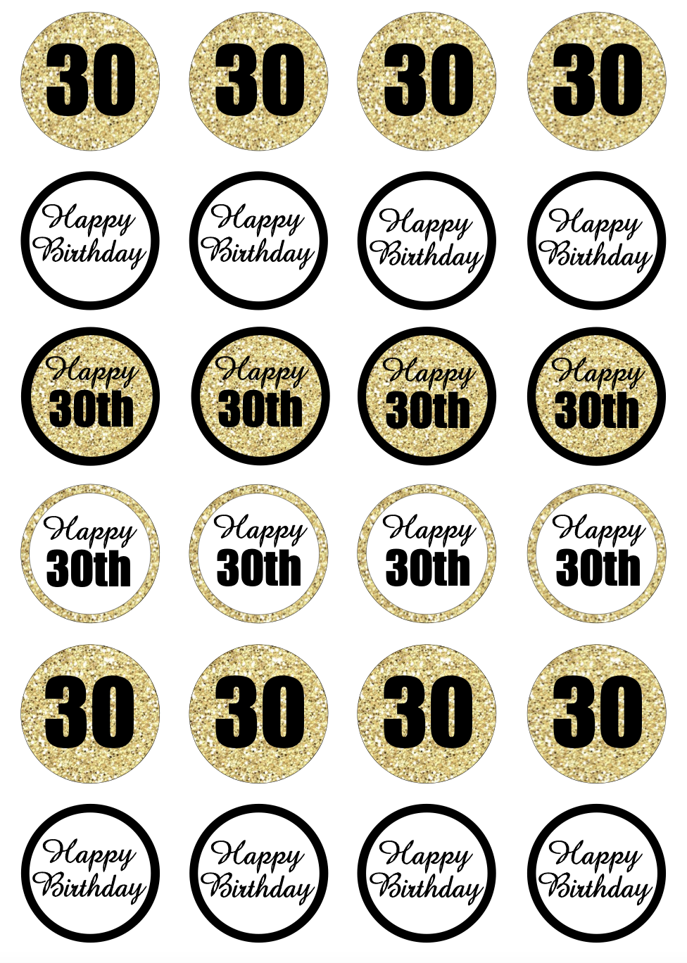 30th Birthday Black & Gold Cupcake Edible Icing Image Toppers