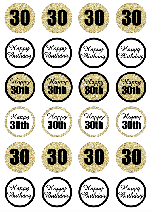 30th Birthday Black & Gold Cupcake Edible Icing Image Toppers