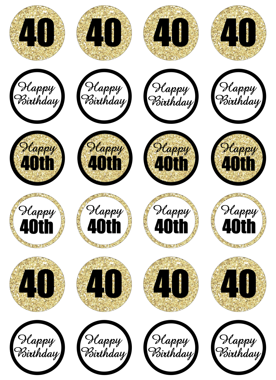 40th Birthday Black & Gold Cupcake Edible Icing Image Toppers