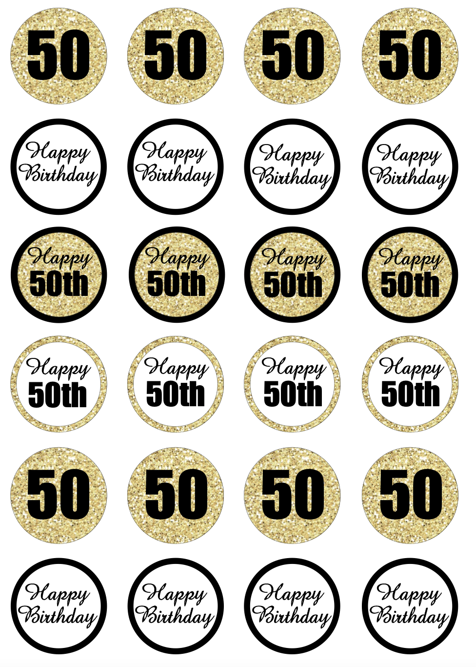 50th Birthday Black & Gold Cupcake Edible Icing Image Toppers
