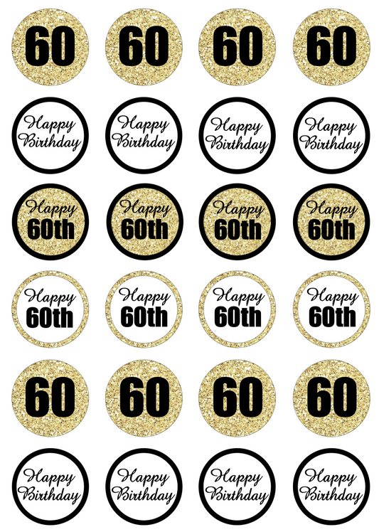 60th Birthday Black & Gold Cupcake Edible Icing Image Toppers