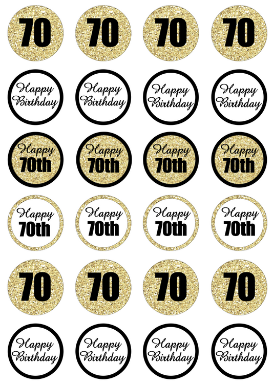 70th Birthday Black & Gold Cupcake Edible Icing Image Toppers
