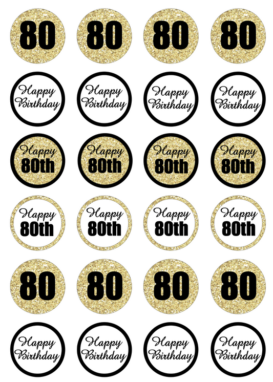 80th Birthday Black & Gold Cupcake Edible Icing Image Toppers