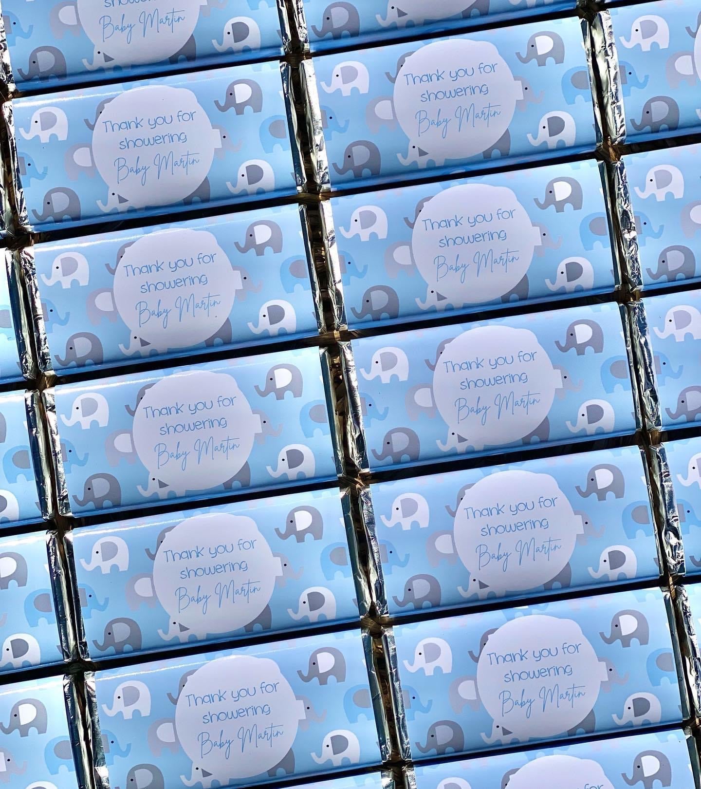 Baby Shower Boy Blue Elephants Personalised Chocolate Bar Party Favour x 4