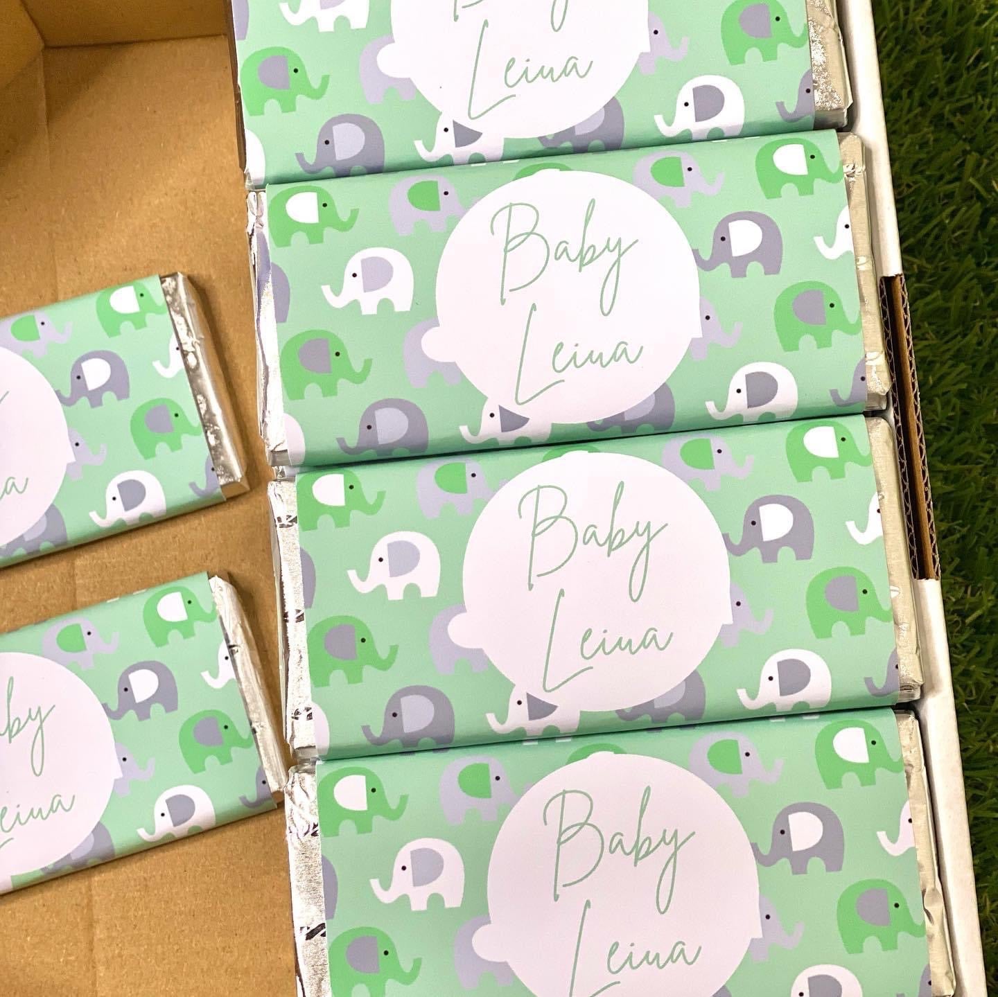 Baby Shower Green Elephant Personalised Chocolate Bar Party Favour x 4