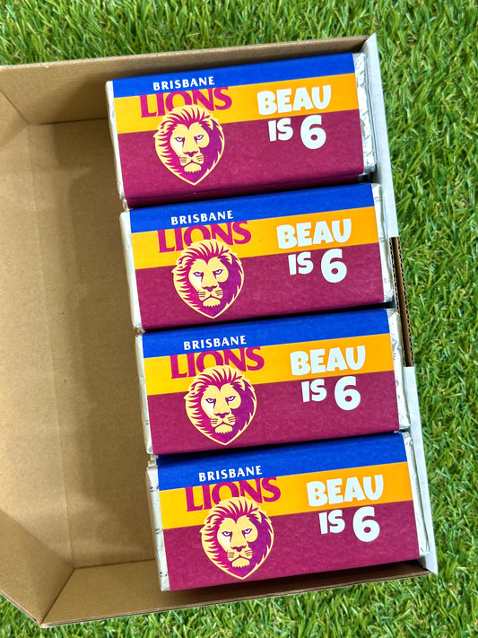 Brisbane Lions AFL Personalised Chocolate Bar Party Favour x 4