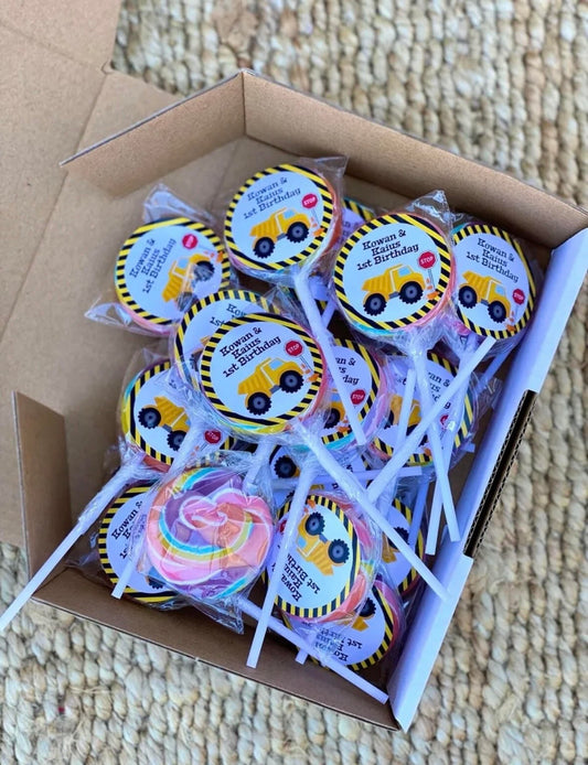 Dump Truck Digger Construction Personalised Birthday Lollipop 10 pack