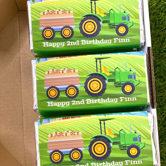 Farm Yard Tractor Personalised Chocolate Bar Party Favour x 4