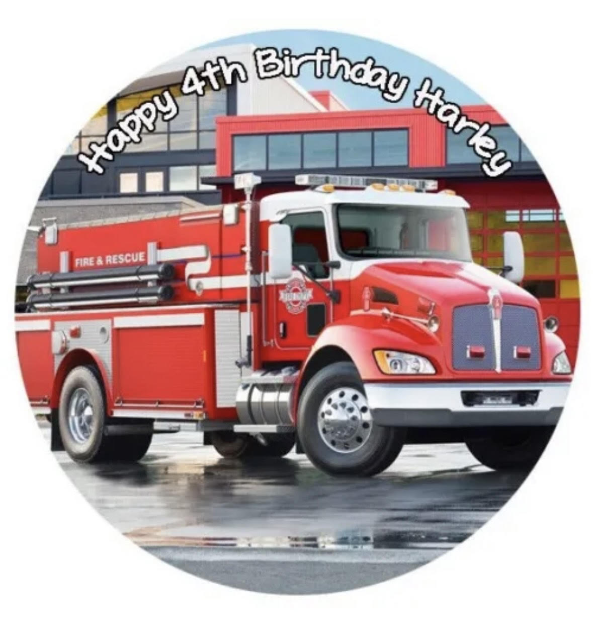 Firetruck Fire Engine Round Cake Edible Icing Image Topper 19cm