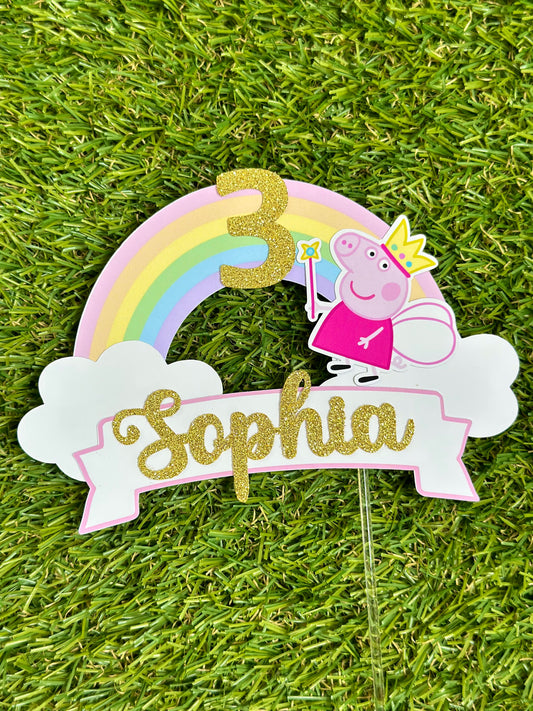 Peppa Pig Rainbow Personalised Glitter Cake Topper