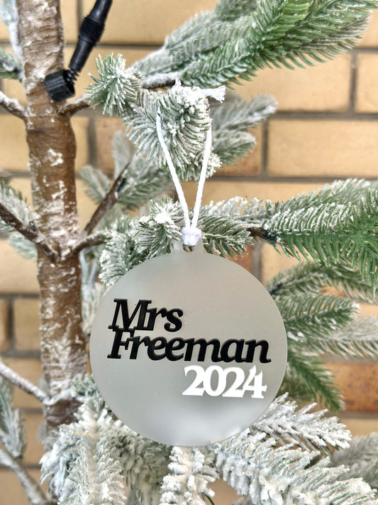 Personalised Teacher Name Christmas Bauble Frosted Ornament Decoration