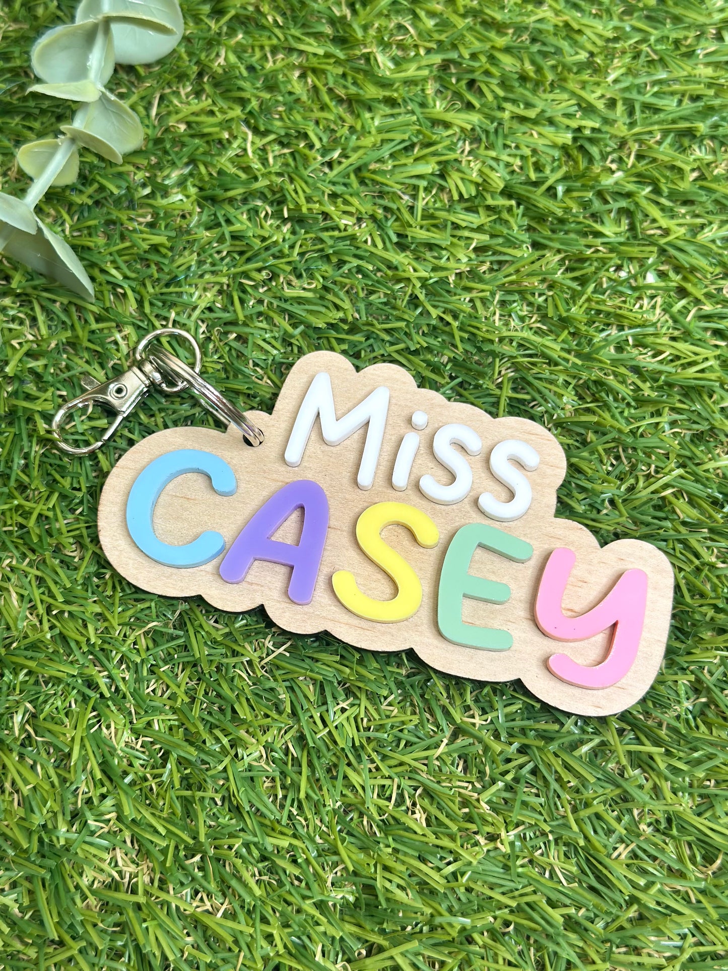 Personalised Teacher Name Keyring Timber - Rainbow
