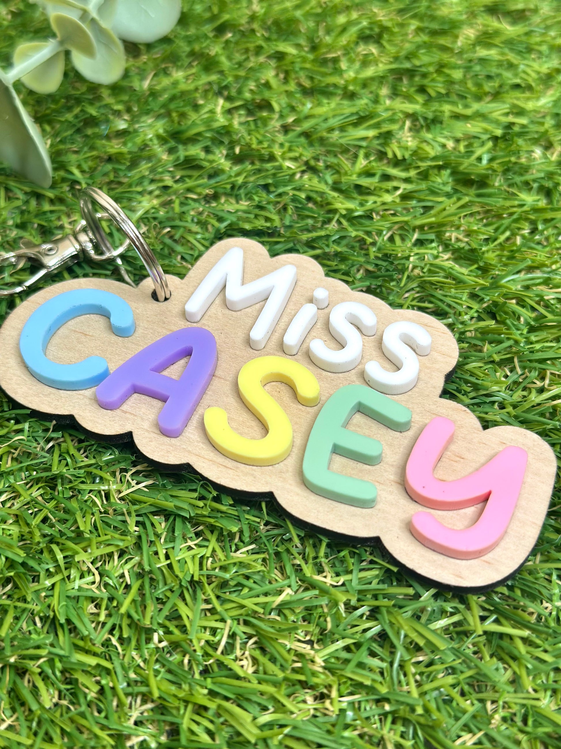 Personalised Teacher Name Keyring Timber - Rainbow