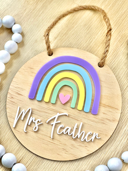 Rainbow Teacher Round Plaque Name
