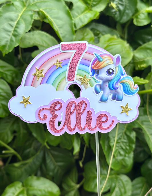 Rainbow Unicorn Personalised Glitter Cake Topper