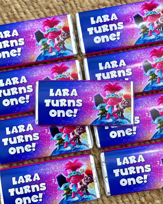 Trolls Personalised Chocolate Bar Party Favour x 4