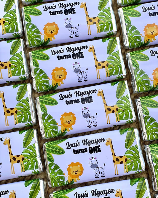 Wild One Safari Jungle #1 Personalised Chocolate Bar Party Favour x 4